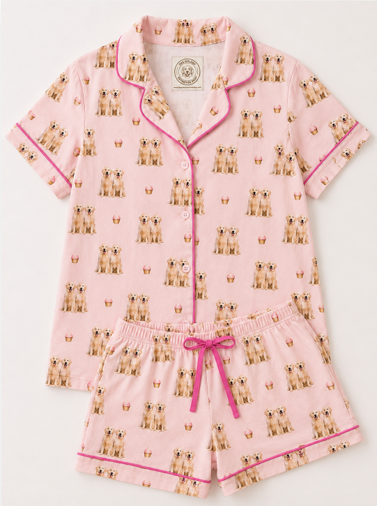 Womens Pawsome Pajamas - pink with golden retriever print