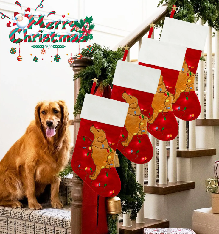 Red LED Christmas stockings with embroidered golden retrievers and string lights