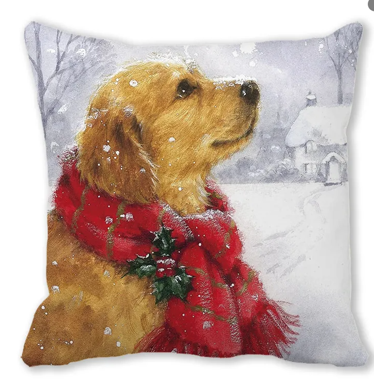 Golden retriever in a red scarf in a snowy winter scene on a cushion cover