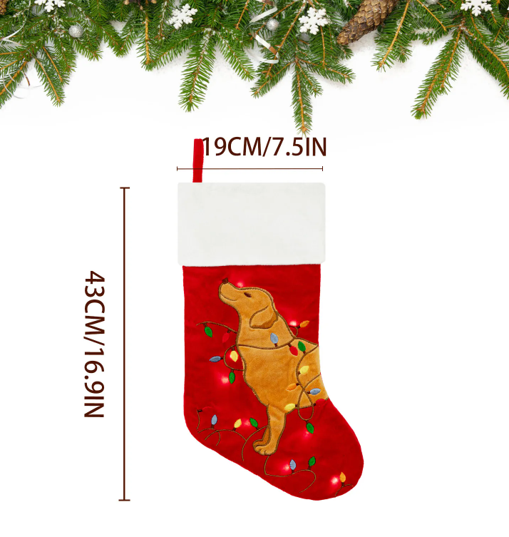 Red golden retriever Christmas stocking measurement diagram showing 43 cm by 19 cm