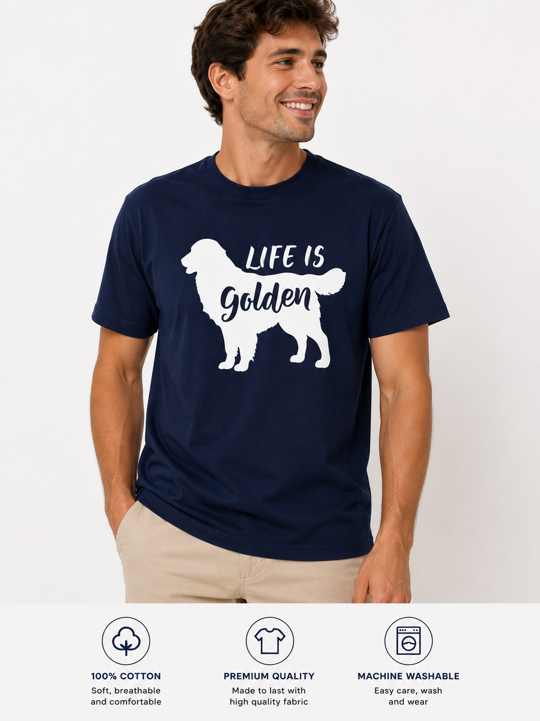Life is Golden Navy T-Shirt featuring a golden retriever silhouette print, worn by a male model
