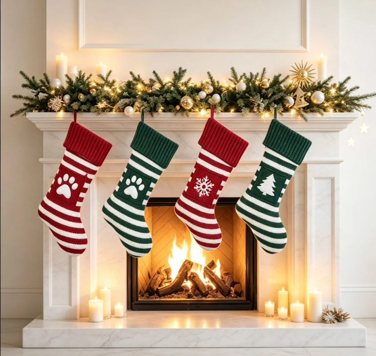 Red and green striped Christmas stockings hanging by a fireplace, including paw-print designs