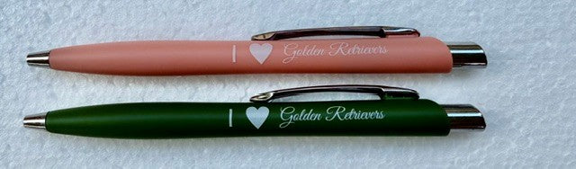 Javelin Pen in pink and green with chrome trim, engraved with I Love Golden Retrievers